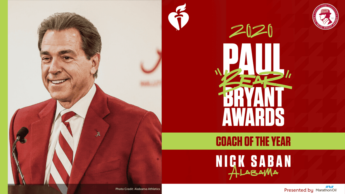 Nick Saban is American Heart Association’s Paul “Bear” Bryant Coach of the Year